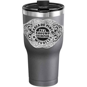 A custom tumbler made of stainless steel with a personalized engraved lettering in antiqued silver, 30 oz, ideal for coffee or cool drinks